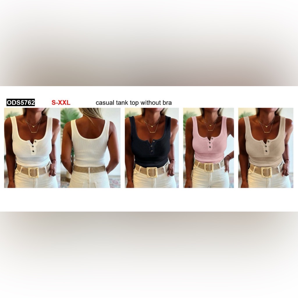 3 Ribbed Tank Tops With Button Detail - White, Pink, Cream